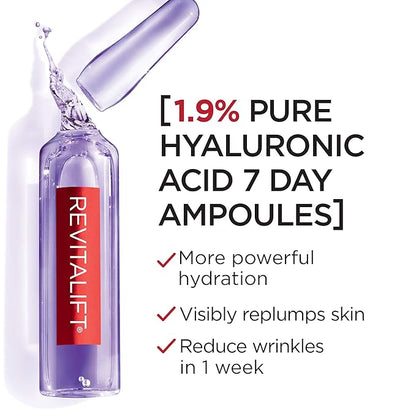 L'Oreal Paris Revitalift Derm Intensives Hyaluronic Acid Serum Ampoules 7 Day Boost Pure Hyaluronic Acid Anti-Aging Ampoules to visibly replump skin in 7 days, 7 Ampoules, 0.28 fl; oz.