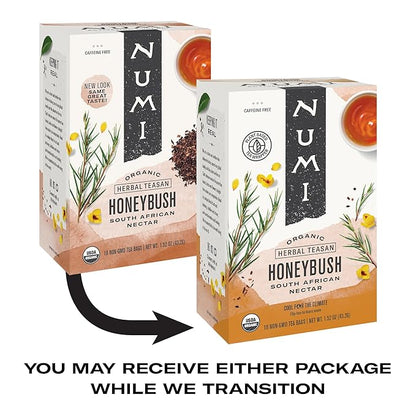 Numi Organic Honeybush Tea, 18 Tea Bags, Sweet South African Herbal Tea, Caffeine Free (Packaging May Vary)