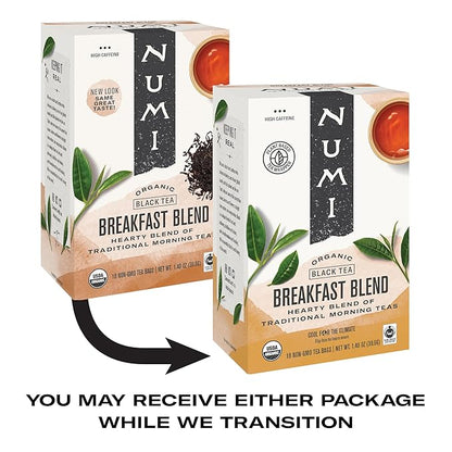 Numi Organic Breakfast Blend Tea, 18 Tea Bags (Pack of 3), Assam, Ceylon & Darjeeling Black Teas (Packaging May Vary)