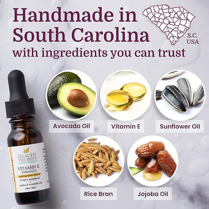 Health Priority Vitamin E Oil - 15,000 IU Vitamin E Serum for Face and Hair - Organic, Handmade - Non-GMO, Gluten-Free, Vegan - Oil for Scars, Wrinkles, Stretch Marks - Scented, 0.5 Fl Oz