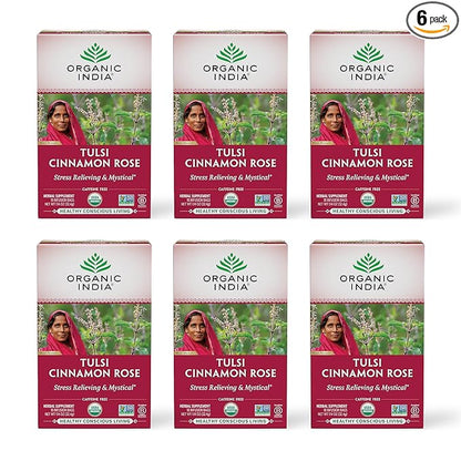ORGANIC INDIA Tulsi Cinnamon Rose Tea Bags - Tulsi Rose Tea Bags, Cinnamon Tea Bags with Holy Basil, Chamomile, Stevia, USDA Certified Organic Caffeine Free Herbal Tea - 18 Infusion Bags, 6 Pack