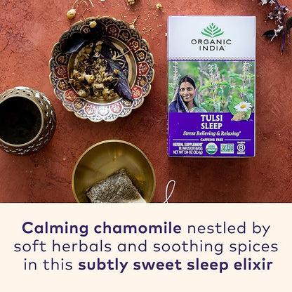 ORGANIC INDIA Tulsi Sleep Herbal Tea - Holy Basil, Ashwagandha, Chamomile, Night Time Tea for Bedtime, Stress Relieving & Relaxing, Immune Support, USDA Certified Organic - 18 Infusion Bags, 6 Pack