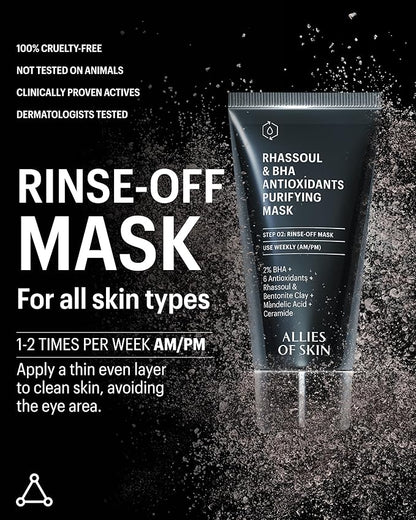 Allies of Skin 2% BHA & Rhassoul Clay Face Mask | Weekly Treatment to Reduce Pores and Blemishes| Control Breakouts, Acne and Blackheads | Hydrate and Retain Moisture (1.7 oz)