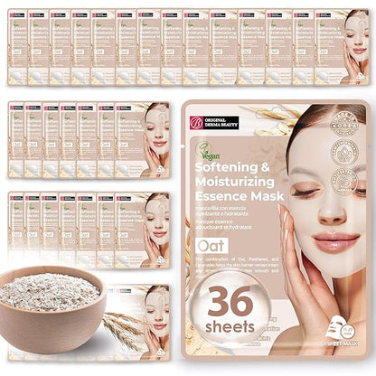 Original Derma Beauty Collagen Face Masks 36 PK Vegan Ultra Moisturizing Face Masks Skincare Sheet Masks Set for Beauty & Personal Care Korean Face Mask (Oat)