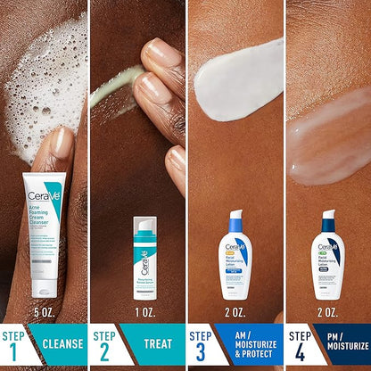 CeraVe Acne Skin Care Set, 5oz Acne Foaming Cream Cleanser + 1oz Resurfacing Retinol Serum + 2oz AM Facial Moisturizing Lotion with SPF 30 + 2oz PM Facial Moisturizing Lotion
