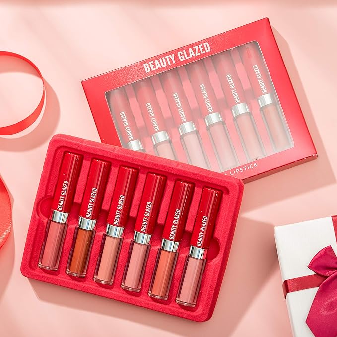 6 Pcs Matte Liquid Lipstick Makeup Set, Non-Stick Cup Long-Lasting Wear Not Fade Waterproof Nude Red Velvet Lip Gloss Beauty Cosmetics Set