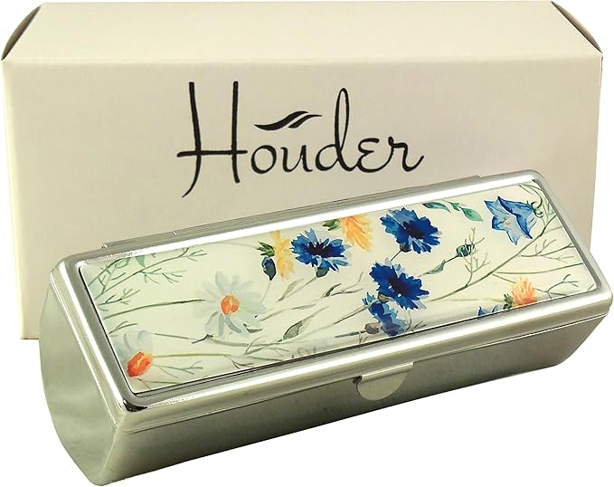 Houder Designer Lipstick Case with Mirror for Purse - Decorative Lipstick Holder with Gift Box - Velvet Lined - Protect Your Lipsticks in Style (Blue Flowers)