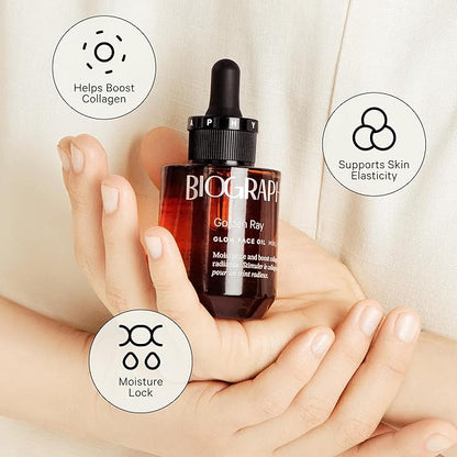Golden Ray Glow Face Oil, 30ml. Collagen Boosting, Natural Skincare Moisturizing & Hydrating Facial Oil for Women. Incr Elasticity w/French Marine Algae, Jojoba & Rosehip for Fine Lines & Wrinkles