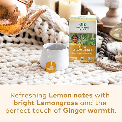 Organic India Tulsi Lemon Ginger Tea Bags - Herbal Tea, Stress Relieving & Reviving, Immune Support, Aids Digestion, Vegan, USDA Certified Organic, Non-GMO, Caffeine-Free - 18 Infusion Bags, 6 Pack