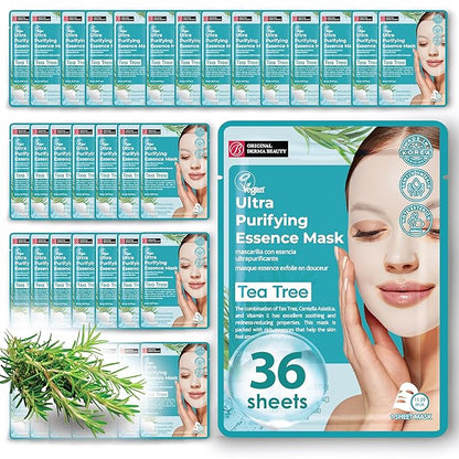 Original Derma Beauty Collagen Face Masks 36 PK Vegan Ultra Moisturizing Face Masks Skincare Sheet Masks Set for Beauty & Personal Care Korean Face Mask (Tea tree)