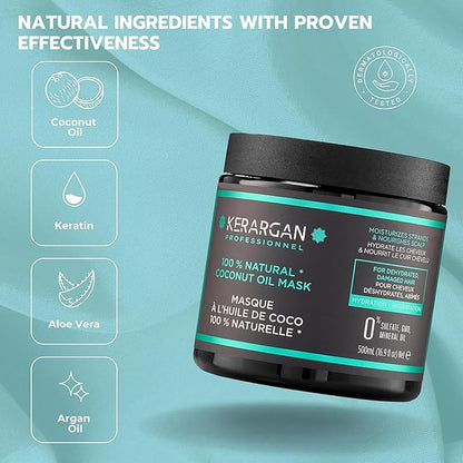 KERARGAN - Moisturizing Coconut Oil Hair Mask - Intensive Treatment for Dry and Damaged Hair - Deep Hydration - Free of sulfates, GMOs, and mineral oils - 16.9 Fl oz